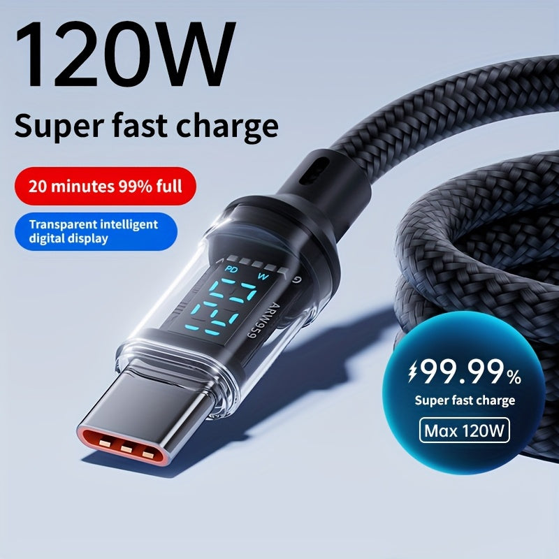 Super Fast Charging Cable-120W, USB Type-C, Type-C to Type-C Charging Cable with LCD Display, Real-Time Power Digital Display